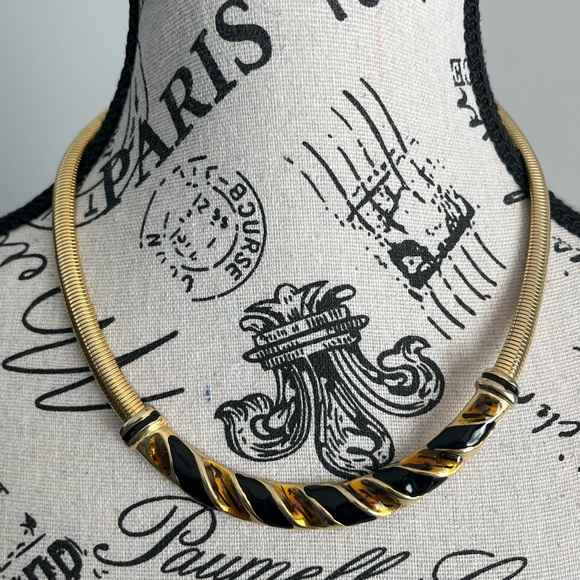 Vintage Jewelry - Vintage 80s Gold Tone Black Enamel snake Collar Necklace Statement Choker